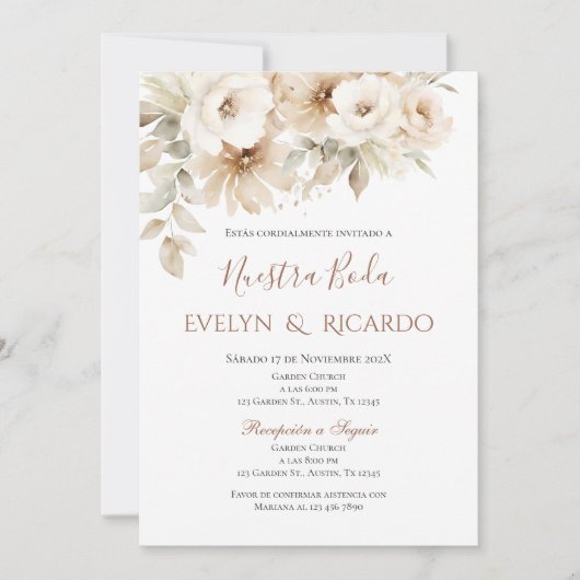 Boho Floral bruiloft uitnodiging in het Spaans (Voorkant)