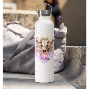 Boho Floral Bull Koe Schedel Monogram  Western Waterfles