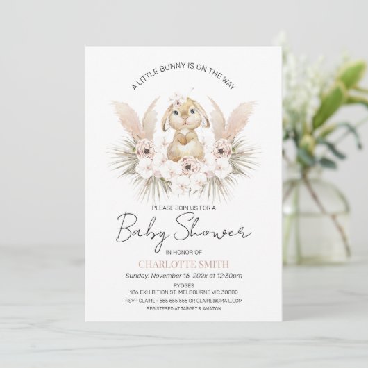 Boho Floral Bunny Rabbit Baby shower Invitation Kaart (Staand voorkant)