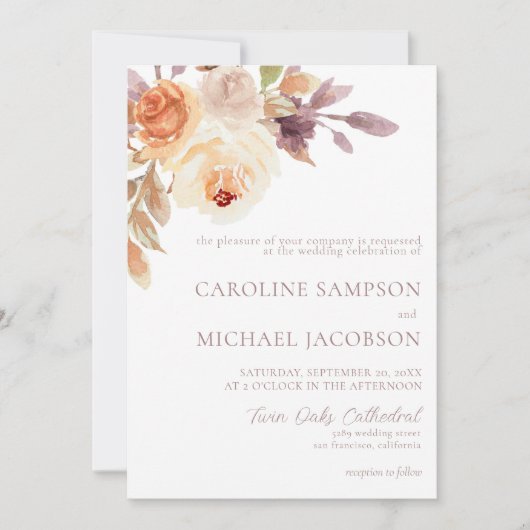 Boho Floral Burnt Orange Fall Wedding Invitation (Devant)