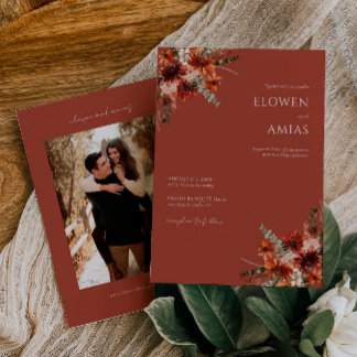 Boho Floral Burnt Sinaasappel Wedding Invitation Kaart