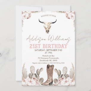 Boho Floral Cactus Rodeo 21st Birthday Invitation Kaart