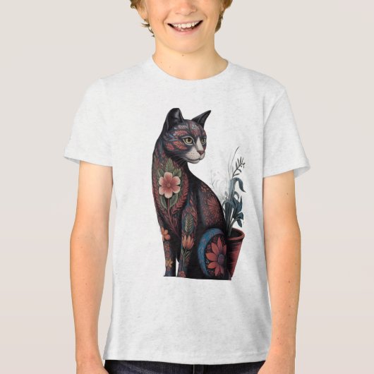 Boho Floral Cat T-Shirt – Artistic Botanical  (Voorkant)