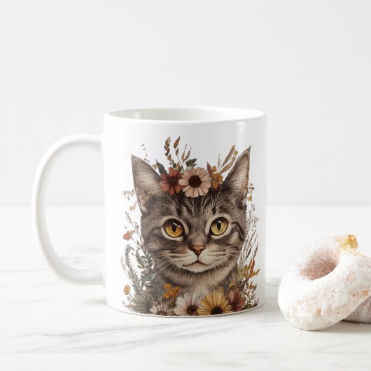 Boho Floral Chat Face Mug - Stylish & Whimsical (Avec donut)