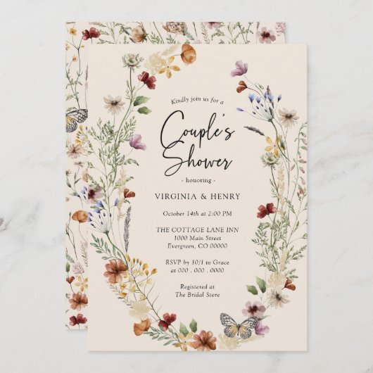 Boho Floral Couples Douche Invitation (Devant / Derrière)