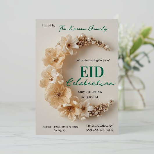 Boho Floral Crescent Eid Party Invitation  (Debout devant)