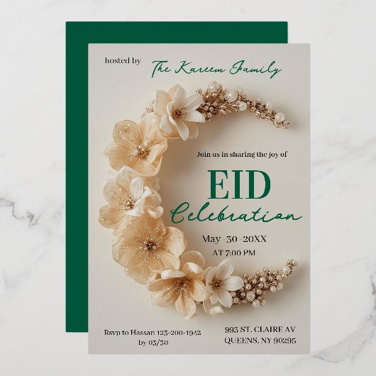 Boho Floral Crescent Eid Party Invitation (Recto/Verso)