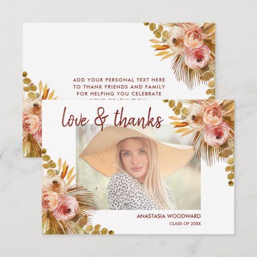 Boho Floral Custom Photo Graduation Merci (Devant / Derrière)