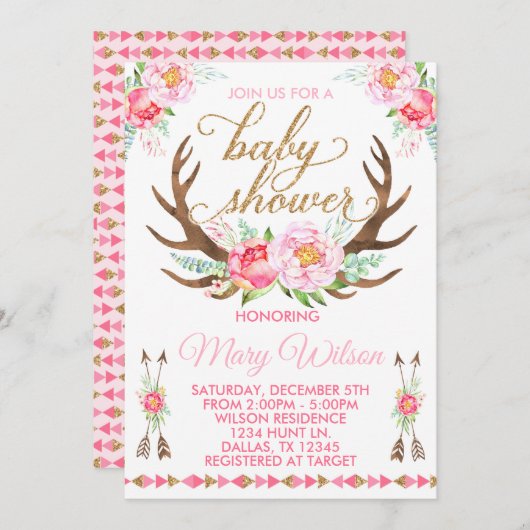 Boho Floral Deer Antler Baby shower Uitnodiging (Voorkant / Achterkant)
