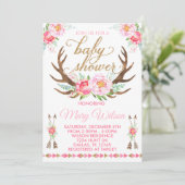 Boho Floral Deer Antler Baby shower Uitnodiging (Staand voorkant)