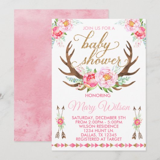 Boho Floral Deer Antler Baby shower Uitnodiging (Voorkant / Achterkant)