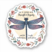 Boho Floral Dragonfly She Is Clothed With Strength Sticker (Voorkant)