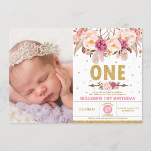 Boho Floral Dream Catcher 1st Birthday Girl Foto Kaart