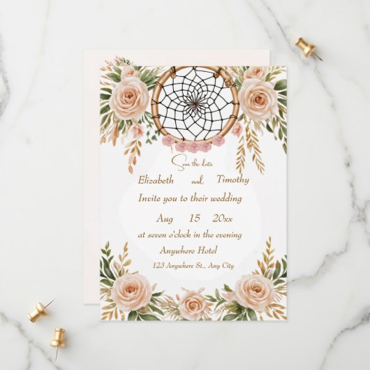 Boho Floral Dreamcatcher Save the Date Kaart (Voorkant / Achterkant in situ)