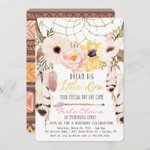 Boho Floral Drocatcher First Birthday Invitation Kaart