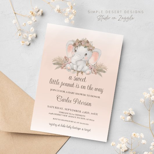 Boho Floral Elephant Baby shower Invitation Kaart