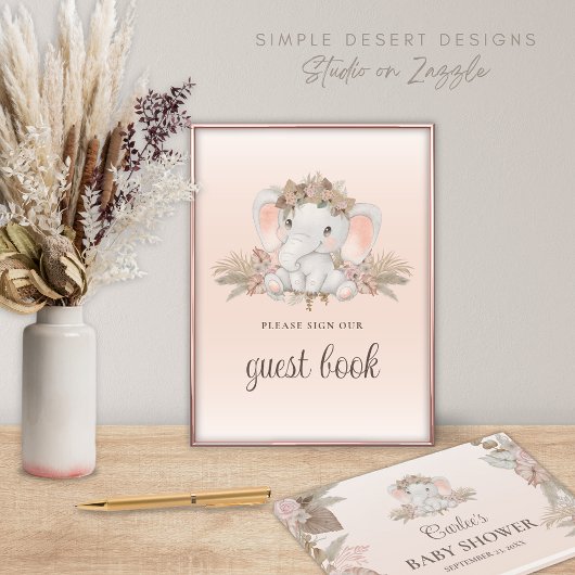 Boho Floral Elephant Baby shower Livre d'Invité