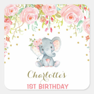 Boho Floral Elephant Birthday Favor Sticker Label