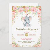 Boho Floral Elephant Invitation Or rose Anniversai (Devant / Derrière)