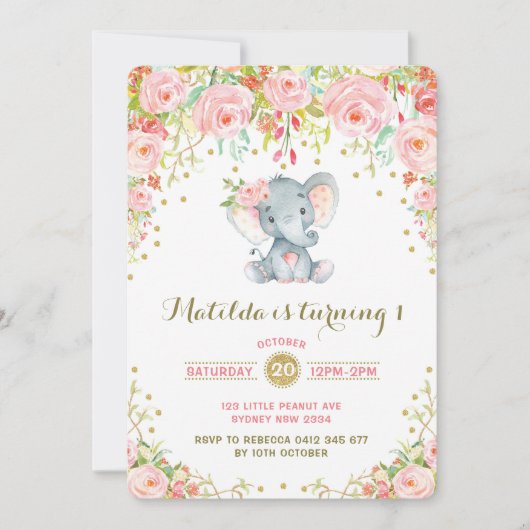 Boho Floral Elephant Invitation Or rose Anniversai (Devant)