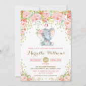 Boho Floral Elephant Invitation Pink Baby shower Kaart (Voorkant)