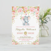 Boho Floral Elephant Invitation Pink Baby shower Kaart (Staand voorkant)
