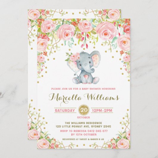 Boho Floral Elephant Invitation Pink Baby shower Kaart (Voorkant / Achterkant)
