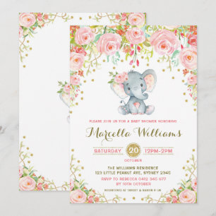 Boho Floral Elephant Invitation Pink Baby shower Kaart