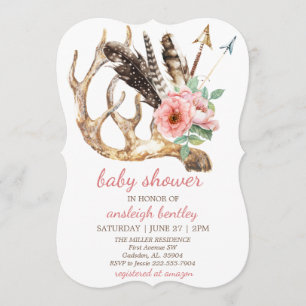 Boho Floral en Antler Baby shower Invitation Kaart