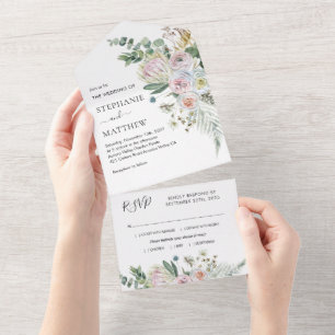 Boho Floral Eucalyptus Waterverf Wedding All In One Uitnodiging