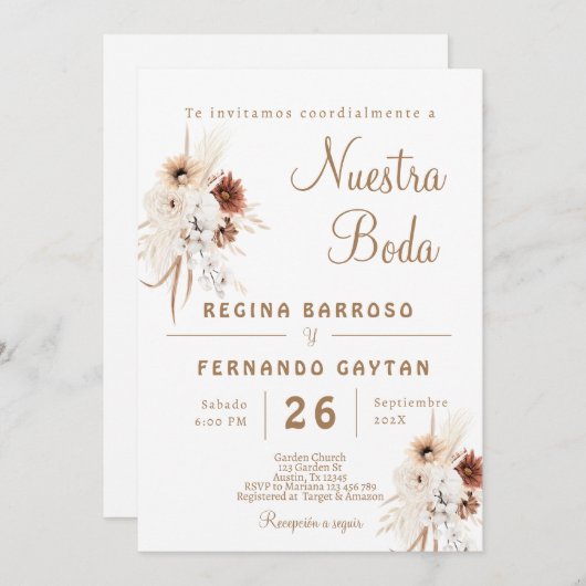 Boho Floral Faire-part de mariage espagnol (Devant / Derrière)