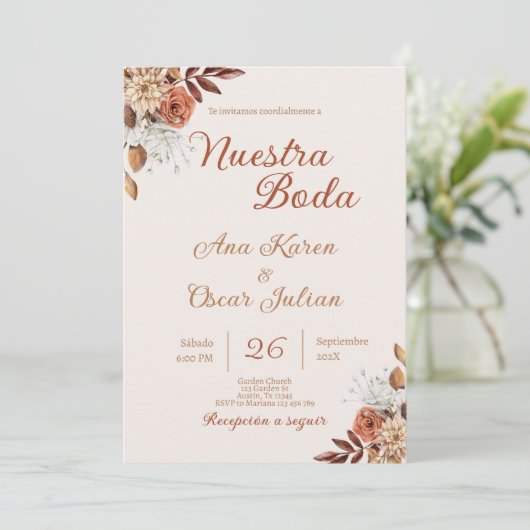 Boho Floral Faire-part de mariage espagnol (Debout devant)