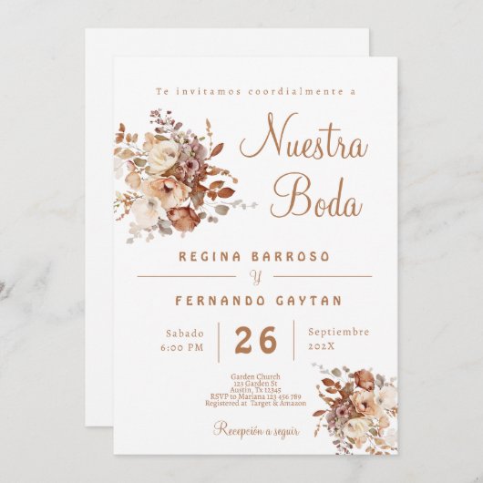 Boho Floral Faire-part de mariage espagnol (Devant / Derrière)
