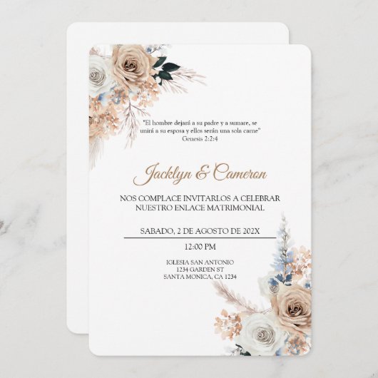 Boho Floral Faire-part de mariage espagnol (Devant / Derrière)