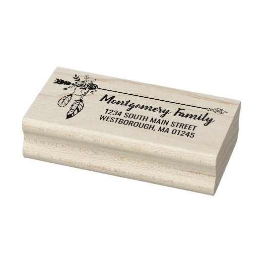 Boho Floral Feather aangepaste naam retouradres Rubberstempel (Stempel)