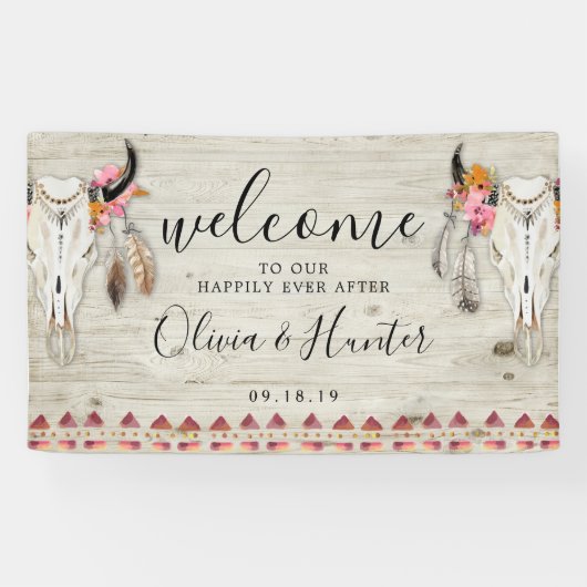 Boho Floral Feather Antler Skull Weddenschap Welko Spandoek (Horizontaal)