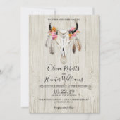 Boho Floral Feather Antlers Skull Wood Weddenschap Kaart (Voorkant)