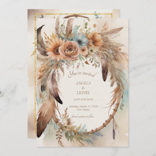 Boho Floral Feather Dreamcatcher Wedding Save The Date (Voorkant / Achterkant)