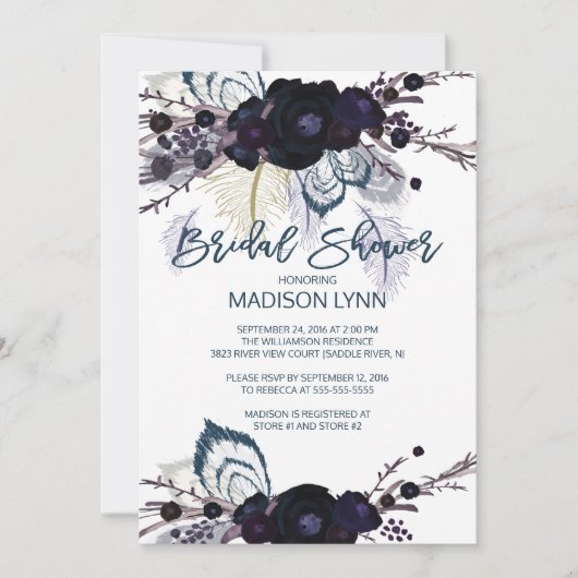 Boho Floral Feather nuptiale Douche Invitation (Devant)
