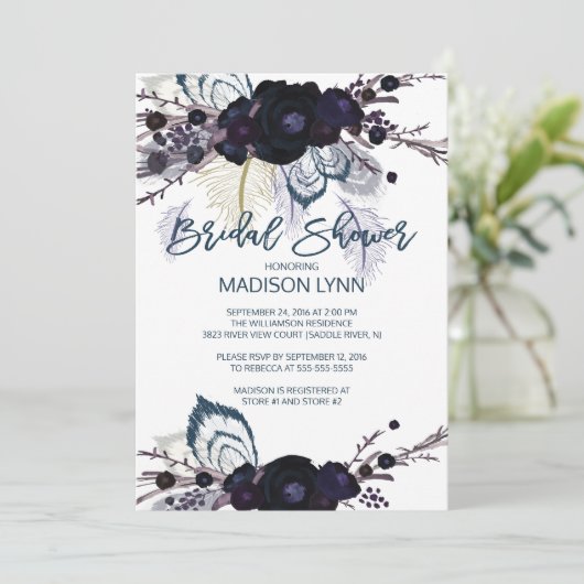 Boho Floral Feather nuptiale Douche Invitation (Debout devant)