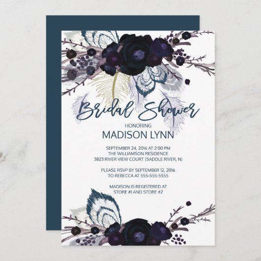 Boho Floral Feather nuptiale Douche Invitation (Devant / Derrière)