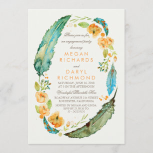 Boho Floral Feathers  Blauwgroen Engagement Party Kaart