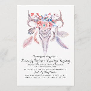 Boho Floral Feathers Deer Antlers Wedding Kaart