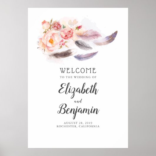Boho Floral Feathers Mariage Affiche de bienvenue (Devant)