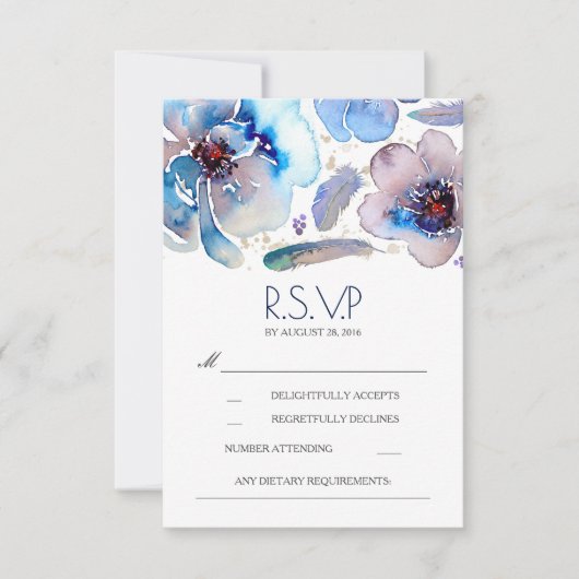 Boho Floral Feathers Waterverf Blue RSVP Card (Voorkant)