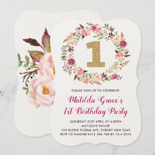 Boho Floral First Birthday Girl Party Invitation