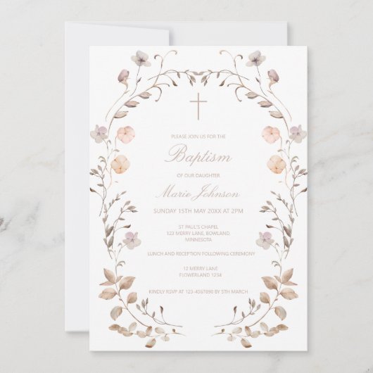 Boho floral girl Baptism invitation template (Devant)