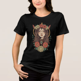 Boho Floral Girl Black T-Shirt