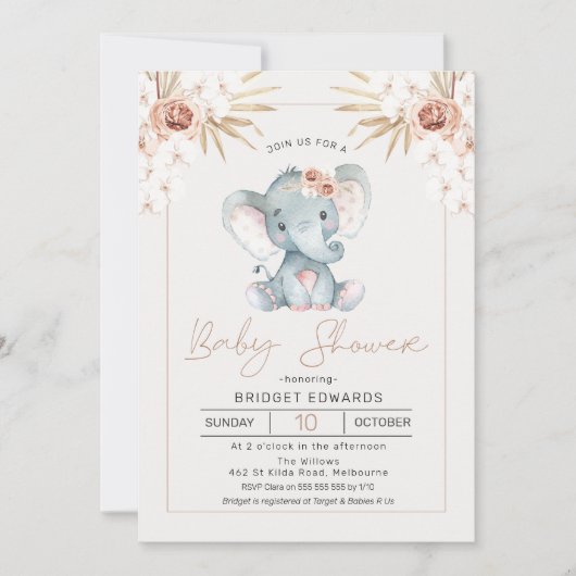 Boho Floral Girls Elephant baby shower Invitation (Devant)