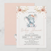 Boho Floral Girls Elephant baby shower Invitation (Devant / Derrière)
